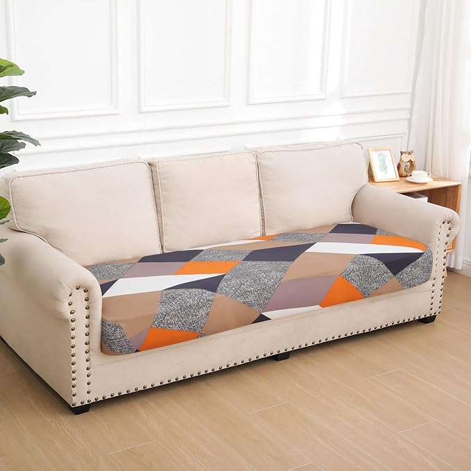 hyha Printed Couch Cushion Covers, Floral Sofa Covers Washable for 3 Cushion Couch, Stretch Pattern Outdoor Cushion Covers for Patio Furniture with Elastic Bottom(Large, Colored Blocks)
