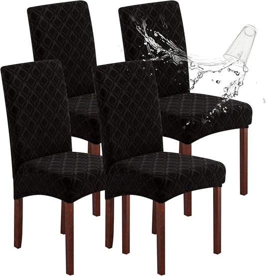 Genina Waterproof Chair Covers for Dining Room, Stretch Jacquard Dining Chair Slipcovers Removable Washable Chair Protector for Kitchen, Hotel, Restaurant (Jacquard-Black, 4 PCS)
