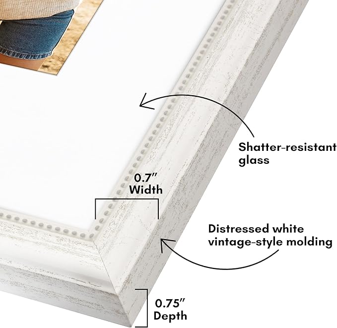 Americanflat Vintage Frames - 11x14 Picture Frame with Beaded Accents and Shatter-Resistant Glass - Use as 8x10 Frame or Display 11x14 Photos Without Mat - Heirloom Collection - Wall Display - White