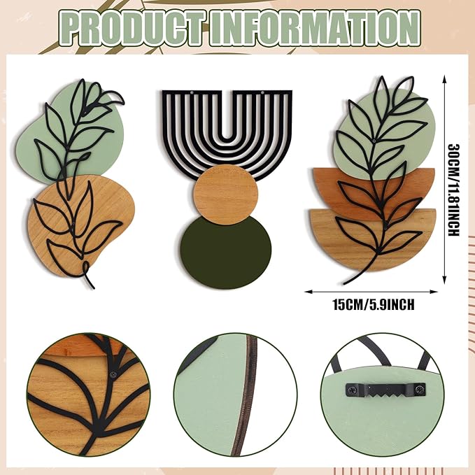 Wenqik Set of 3 Boho Wall Art Decor 3D Wood & Metal Abstract Geometric Wall Hangings Sculpture 15 x 6in Sage Green Beige Terracotta Minimalist Botanical Artwork for Home Decor Gallery Living Room
