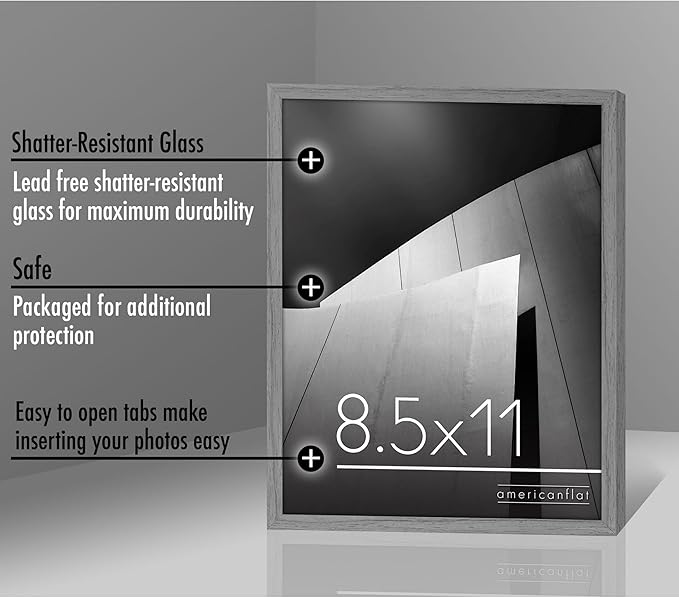 Americanflat 8.5x11 Picture Frame with Shatter-Resistant Glass - Streamline Collection - Thin Border Photo Frame for Tabletop and Wall Display - Hanging Hardware and Easel Stand Included - Grey