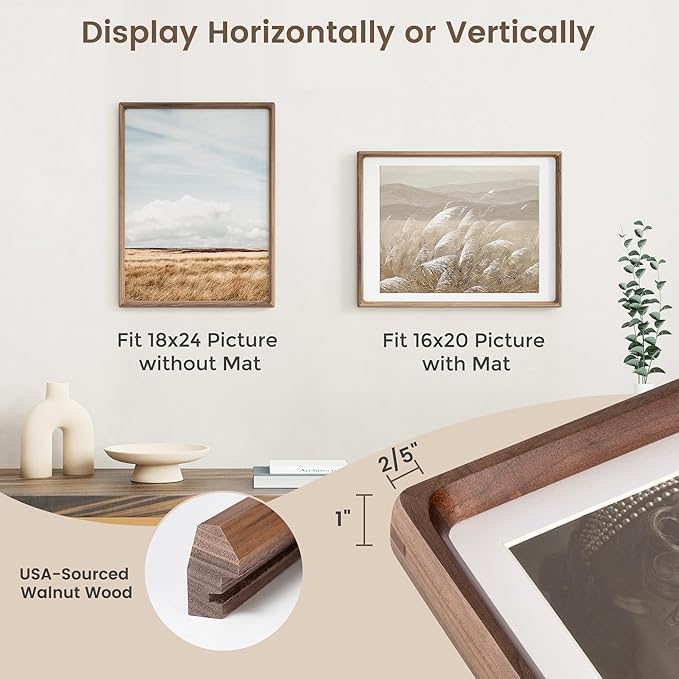 18 x 24 Poster Frame, USA-Sourced Walnut Wood Picture Frame with HD Tempered Glass, Handcrafted Rounded Corner 18x24 Wooden Frame Matted to 16x20 Photos, Horizontal or Vertical Wall Display