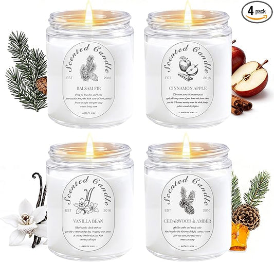 Scented Candle Gift Set, 4 Pack 28oz Soy Wax Scented Candles for Home – Cinnamon Apple, Balsam Fir, Vanilla Bean, Cedarwood & Amber – Cozy Aromatherapy Candles for Holiday & Home Decor Gifts