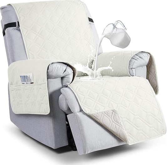 VANSOFY 100% Waterproof Recliner Chair Covers, Recliner Cover Non-Slip Dog Chair Cover Furniture Protector Washable Slipcover with Pocket, Elastic Straps for Pets, Dogs(Off White, 20")