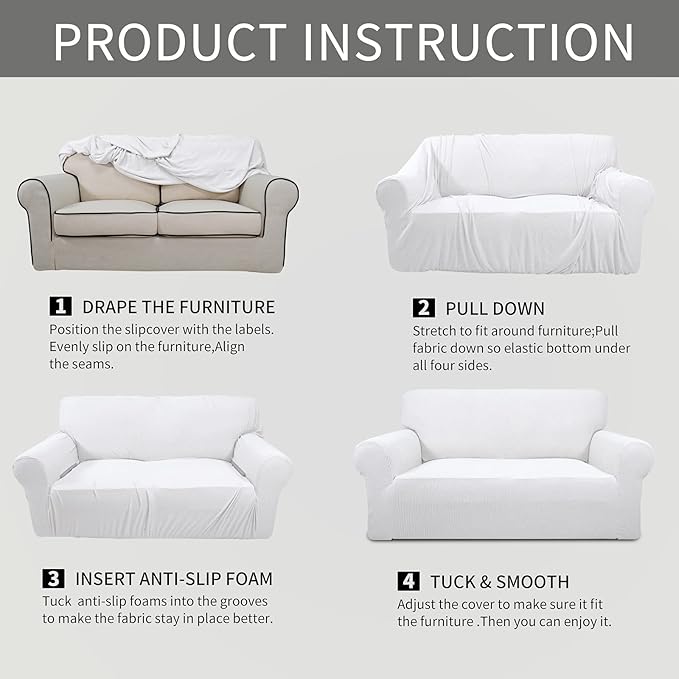 Easy-Going Stretch Oversized Sofa Slipcover 1-Piece Sofa Cover Furniture Protector Couch Soft with Elastic Bottom for Kids, Polyester Spandex Jacquard Fabric Small Checks Snow White