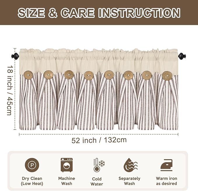 ASPMIZ Farmhouse Valances for Windows, Boho Kitchen Valances Curtains with Rustic Buttons, Brown Striped Window Valance for Living Room, Cotton Linen Valance for Bathroom, 52 x 18 Inches