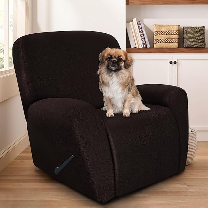 ANARACHON Recliner Chair Covers Leather Look, 4 Pieces Recliner Covers Non Slip, Soft Slipcovers for Large Recliners, Furniture Protector Washable for Pets (1 Seater, 05 Chocolate)