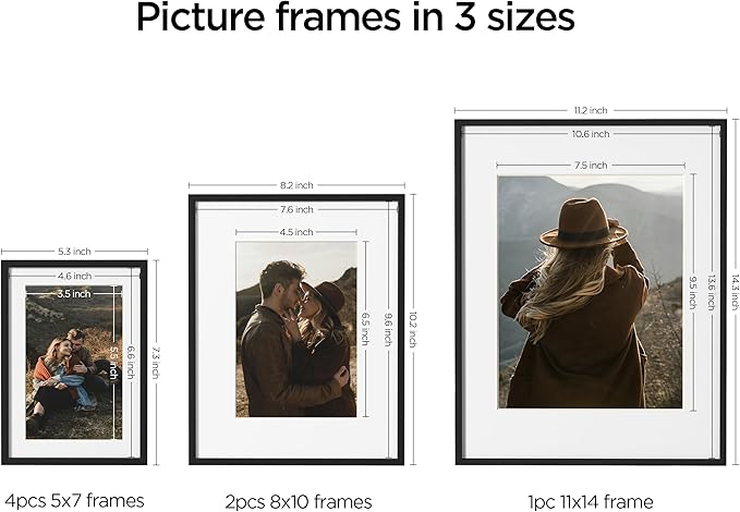 eletecpro Aluminum Gallery Wall Frame Set of 7, Including 1Pc 11x14, 2Pcs 8x10, 4Pcs 5x7 Photo Frames for Wall or Tabletop Display, Multiple Sizes Picture Frames Collage Wall Decor, Black