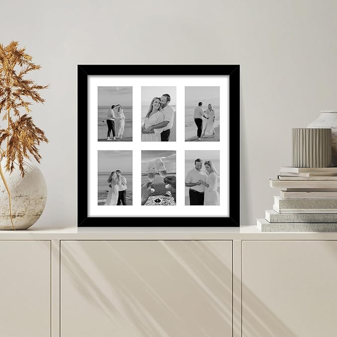 14x14 Picture Frame Set of 2, Black with Glass Collage Frame, Display Photo Six Opening 4x6 With Mat or 14 x 14 Without Mat - Horizontal or Vertical Wall Mounting