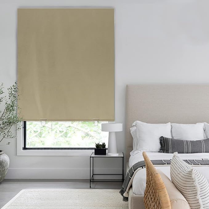 LazBlinds 100% Blackout Door Curtain, No Tools No Drill Cordless Blinds for Windows, Thermal Insulated UV Protection Privacy Window Curtains for French Door Front Door(26''W x 68''H, Beige, 1 Panel)