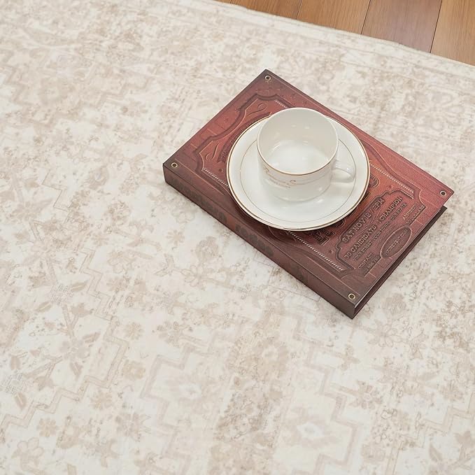 3x10 Ft Hallway Runner Rug – Non-Slip Washable Long Carpet Runner for Kitchen Indoor Entryway & Bathroom, Vintage Distressed Low Pile Thin Floor Mat (Ivory Beige)