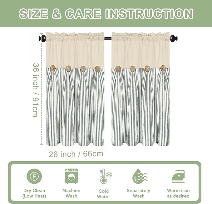 ASPMIZ Cotton Linen Kitchen Curtains 36 Inch Length, Farmhouse Rod Pocket Short Curtains for Window, Green Stripe Small Window Curtain Boho Rustic Button Window Treatment Tiers for, Cafe, 2 Pannels
