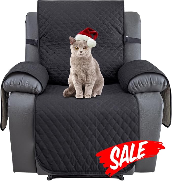 XINEAGE Water Resistant Recliner Cover, Nonslip Recliner Chair Covers for Reclining Chair with Pockets, Quilted Thick Recliner Slipcovers for Pets and Kids (Recliner Chair, Black)