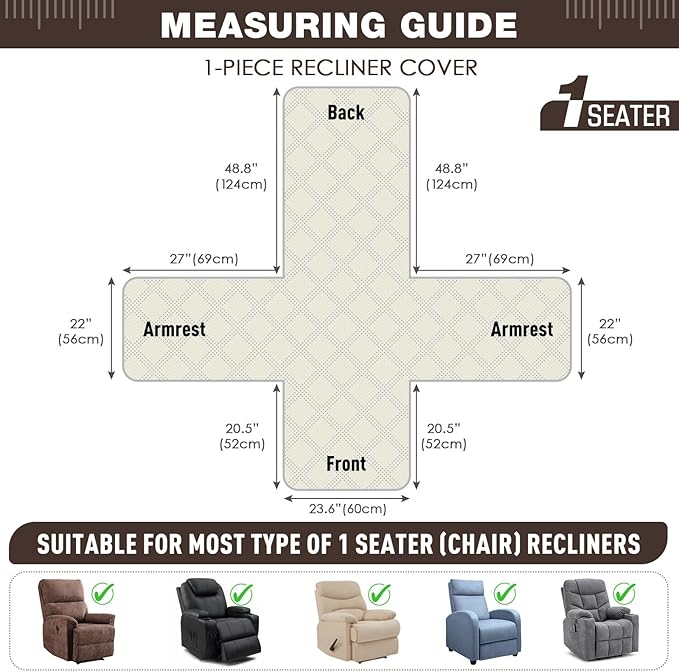 TAOCOCO 100% Waterproof Recliner Chair Cover, Recliner Covers for Recliner Chair with Pocket, Non Slip Reclining Chair Cover Furniture Protector for Kids, Pets(23.6'', Chocolate-Velvet)