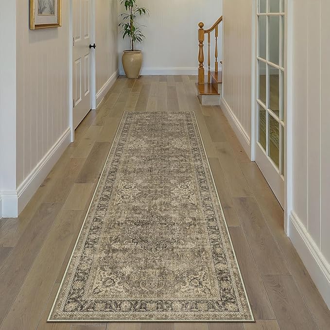 2x8 Washable Runner Rug Brown Vintage Non Slip Soft Low Pile Hallway Kitchen Rug Distressed Oriental Carpet for Laundry Bathroom Bedroom Living Room Home Decor