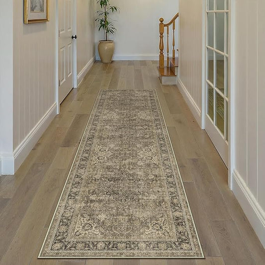 2x8 Washable Runner Rug Brown Vintage Non Slip Soft Low Pile Hallway Kitchen Rug Distressed Oriental Carpet for Laundry Bathroom Bedroom Living Room Home Decor