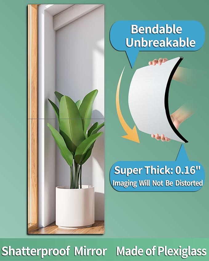 Full Length Mirror for Kids Safety Shatterproof Mirror, Plastic Wall Mirrors, Made Of Acrylic Plexiglass Mirrors, 2 Pcs 24"L x 14"W, Long Bedroom Door Closet Mirrior, Workout For Home Gym Body Mirrior