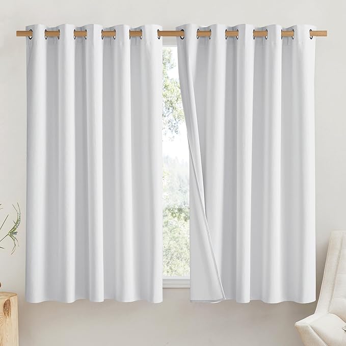 NICETOWN Truly Blackout Linen Blend Flax Drapes for Office, White, Set of 2, 62 inches Wide x 63 inches Long, Vintage Grommet 100% Blackout Curtains with White Liner Backing for Kitchen Dorm Window