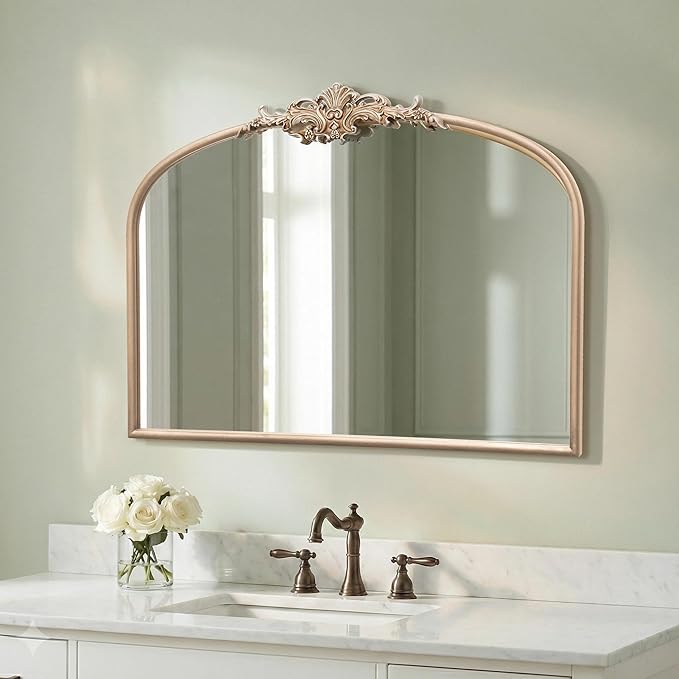 Besdomus Arched Vintage Gold Mirror: 32"x24" French Large Champagne Gold Antique Vanity Wall Mirror - Baroque Traditional Ornate for Fireplace/Bathroom/Living Room - Wall Decor for Fashion-Conscious
