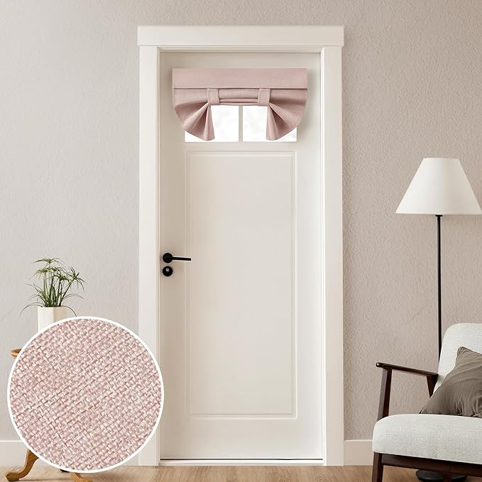 HOMEIDEAS 100% Linen Blackout French Door Curtains, Privacy Small Door Window Curtains, 26 X 20 Inch Shades for Front Window, Thermal Insulated Covering, 1 Panel, Blush Pink
