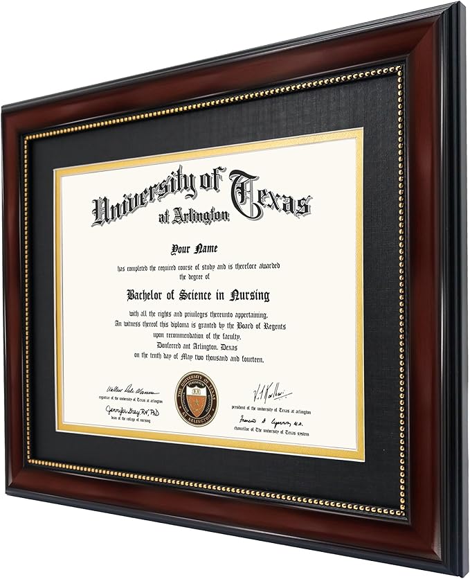 GraduationMall 8.5x11 Diploma Frame with Black over Gold Mat or Display 11x14 Document without Mat, UV Protection Acrylic, Mahogany with Gold Beads, Set of 2