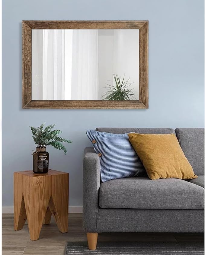 AAZZKANG Rustic Wood Mirror Rectangle Decorative Wall Mirrors with Frame Large 28"x20"for Bedroom Living Room Bathroom Entryway Hanging Brown