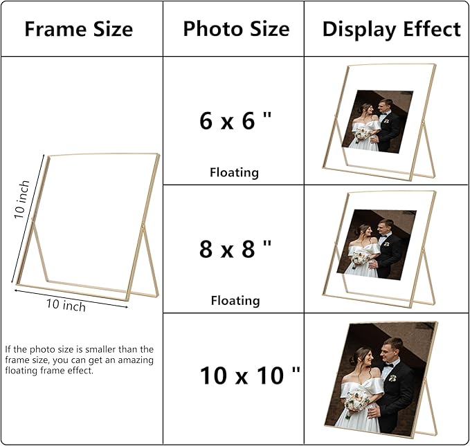 Gold 10x10" Floating Frame 2 Pack for Photo Size(5x5'',6x6'',8x8''),Adjustable Tabletop/Shelf floating Photo Frame,Classy Metal Gift Frames for Wedding,Thanksgiving,Christmas,Birthady,Home or Office Decor.