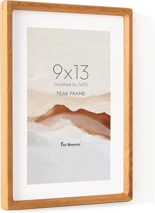 Fun Memories 9x13 Picture Frame, USA-Sourced Teak Wood Photo Frames with HD Tempered Glass, Handcrafted Rounded Corner 9 x 13 Wooden Frame Matted to 7x11 Photos, 9x13 Frames, Tabletop or Wall Display