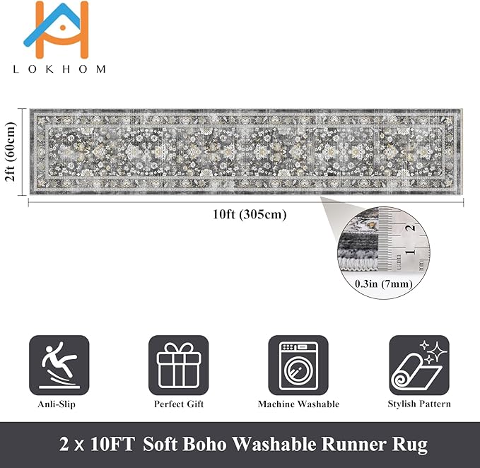 LOKHOM Washable Runner Rug, 2x10 Non-Slip Vintage Farmhouse Hallway Runner Rug with Rubber Backing, Boho Soft Faux Wool Kitchen Rug Carpet Runner for Kitchen Laundry Entryway Bedroom (Charcoal Grey)