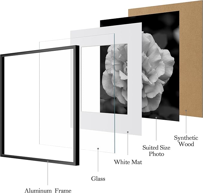 eletecpro Aluminum Gallery Wall Frame Set of 6, 12 x 12 Metal Photo Frames Display 8x8 Photo with Mat or 12x12 without Mat, Picture Frame Collage Wall Decor, Black