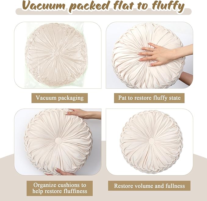 Drydiet 1 Pcs Round Throw Velvet Pillows Decorative Pleated Throw Pillows 15'' Diameter Accent Pumpkin Boho Chair Cushion for Couch Sofa Home Decoration (Beige)