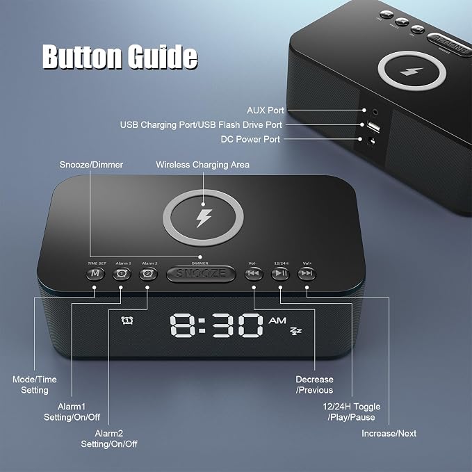 Alarm Clocks for Bedrooms, Wireless Charger, Bluetooth Speaker, White Noise Machine, Digital Clock with Dual Alarm, Dimmable Display, USB Charging Port, Black - Image 8