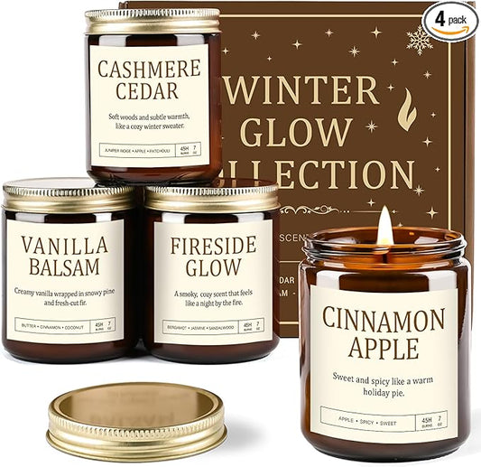 Scented Candles Gift Set for Women - 4 Pack Soy Candles for Home Scented, Long Lasting Winter Candle Set with Cashmere Cedar/Fireside Glow/Cinnamon Apple/Vanilla Balsam, Birthday Valentine's Day Gifts