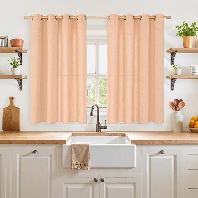 YoungsTex Peach Linen Curtains 45 Inch Length for Living Room Window, Short Light Filtering Drapes with Bronze Grommet Privacy for Kitchen Bedroom Decorative, 52 x 45 Inch, 2 Panels