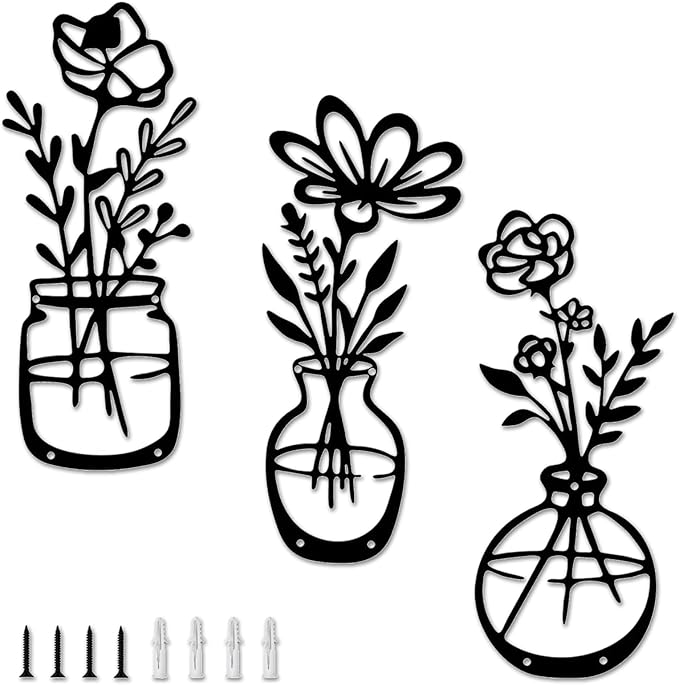 shuielai 3 Pieces Black Metal Flowers Wall Decor 14.56x5.9 Inches Metal Wall Sculptures Hanging Indoor