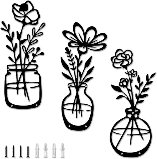 shuielai 3 Pieces Black Metal Flowers Wall Decor 14.56x5.9 Inches Metal Wall Sculptures Hanging Indoor