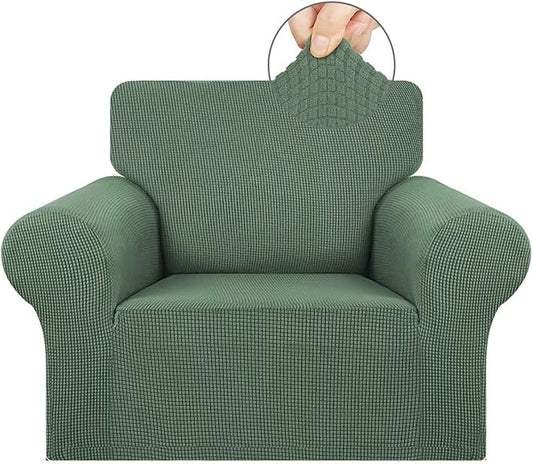 KEKUOU Stretch Single Sofa Slipcover 1 Piece Couch Sofa Cover (31"-55") Furniture Protector 1 Seater Sofa with Elastic Bottom for Kids,Pet.Jacquard Small Checked Pattern Fabric(Small,Greyish Green)