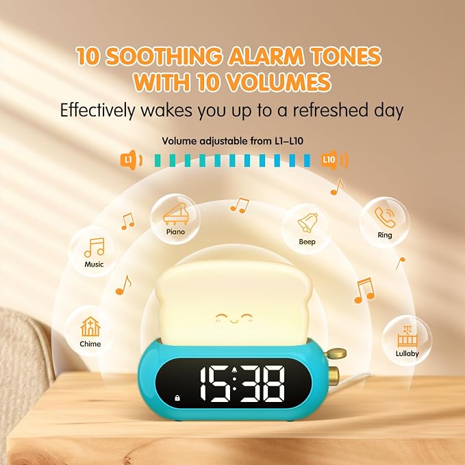 Kids Alarm Clocks for Bedroom, Cute Digital Clock with Night Light, 10 Ringtones, 10 Volumes, Nap Timer, Brightness Dimmer, Snooze, Bedside Alarm Clocks for Boys Teens Birthday Gift, Plug-in Use - Image 3