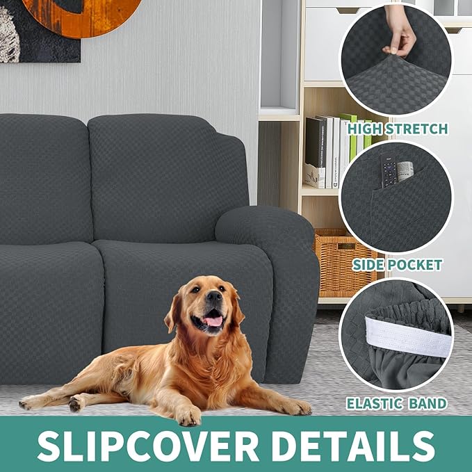 YEMYHOM 4 Pieces Oversized Stretch Recliner Slipcover Latest Jacquard Large Recliner Chair Cover with Side Pocket Anti-Slip Fitted Furniture Protector with Elastic Bottom (X-Large Recliner, Dark Gray)