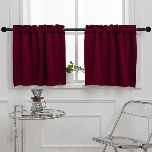 Pickluc Burgundy Cafe Half Window Curtain - 24" Length, Rod Pocket, Blackout for Small Windows, 30" Wide x 24" Long, 2 Panels
