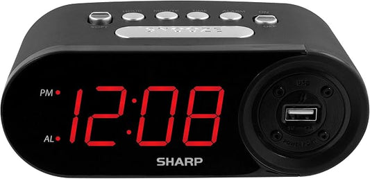 Sharp Digital Alarm Clock with 2A USB Charging and Red LED Display | 2A high-speed USB port; Easy-read green LEDs; Simple controls; Phone or tablet charging; Black by SHARP