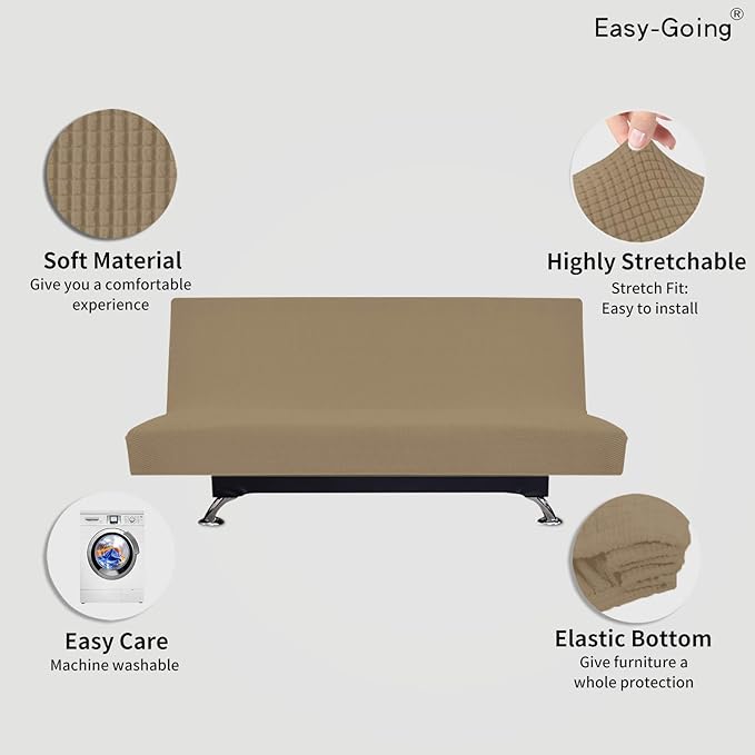 Easy-Going Stretch Futon Slipcover Armless Futon Bed Cover Furniture Protector Without Armrests with Elastic Bottom for Kids, Soft Jacquard Fabric Small Checks (Large, Tan)