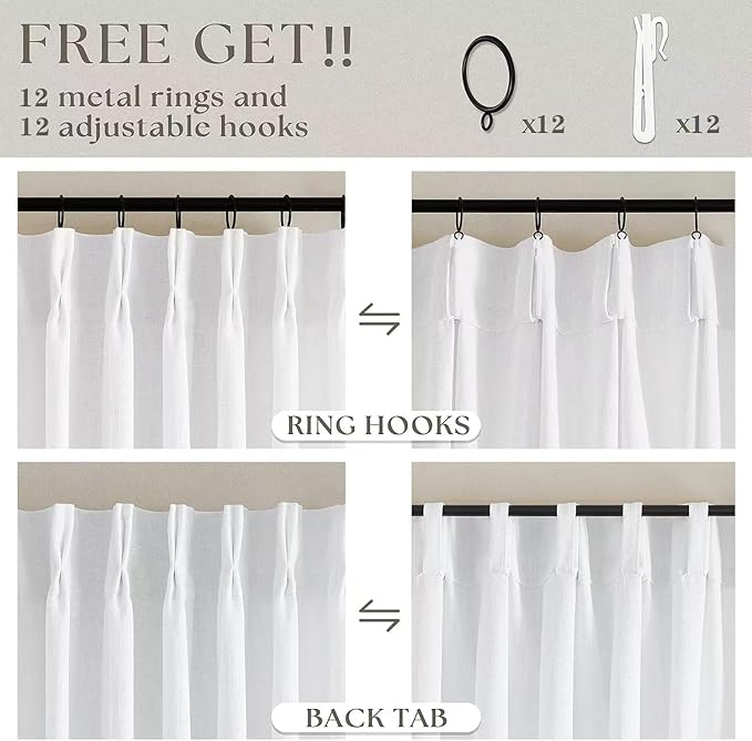 TWODRAPES Extra Wide 102 Inch Long Curtains 70 Inch Width Pinch Pleat Linen Curtains for Living Room BedroomLight Filtering Privacy Pleated Hooks Rings Back Tab for Sliding Door White 1 Panel