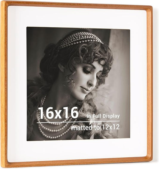 16x16 Picture Frame, USA-Sourced Teak Wood Photo Frames with HD Tempered Glass, Handcrafted Rounded Corner 16 x 16 Wooden Frames Matted to 12x12 Photos, 16x16 Frame, Tabletop or Wall Display
