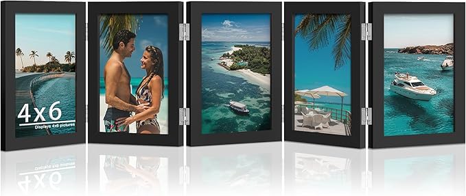 5 Folding 4x6 Picture Frame Horizontal Engineered Wood Accordion Photo Frame with Plexiglass Tabletop Bookshelf Display Black