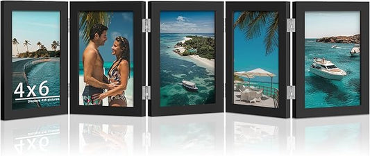 5 Folding 4x6 Picture Frame Horizontal Engineered Wood Accordion Photo Frame with Plexiglass Tabletop Bookshelf Display Black