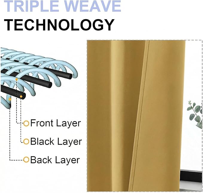 Simplebrand Ava Bright Gold Blackout Curtains for Bedroom 63 Inch Length 2 Panels Set, Privacy Thermal Insulated Rod Pocket Door Window Curtains for Patio French Door Front Door, W40 x L63 Inch