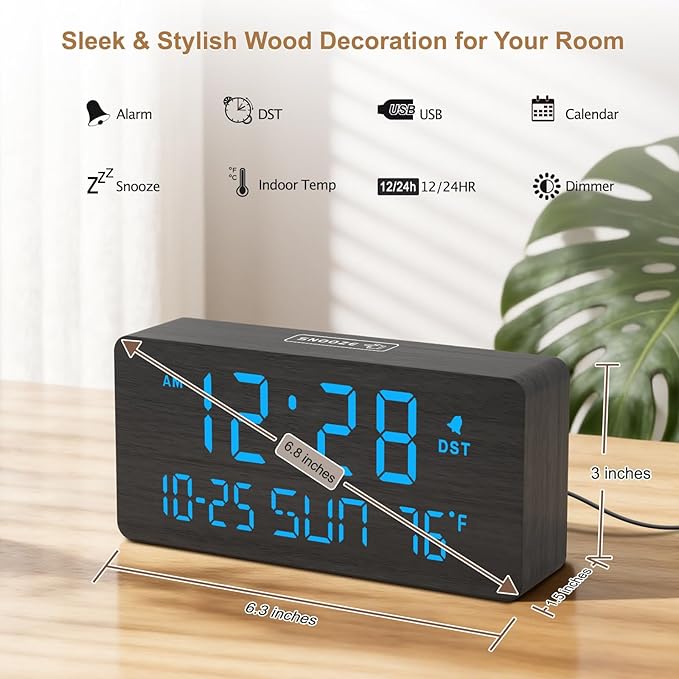 DreamSky Wooden Digital Alarm Clocks for Bedrooms - Living Room Desk Clock with Date and Day of Week, Temperature, USB Port, Dimmer Wheel, Adjustable Volume, Auto DST, Wood Decor for Office Table