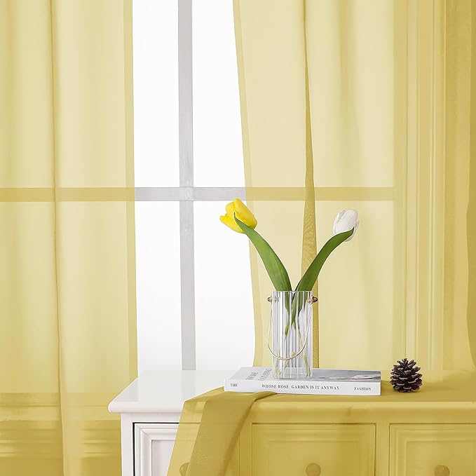 Lecloud Yellow Sheer Curtains 54 Inch Length 2 Panels, Light Filtering Voile Curtain Drapes for Kitchen Bedroom Small Windows, Dual Rod Pocket Living Room Elegant Decor Curtains, 40 W x 54 L Inches