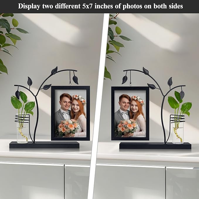 Sapowerntus 5x7 Picture Frames Black Family Desk Office Modern Photo Frame, Water Plants Flowers Floating Double Glass Vase Tabletop Standing Home Decor, Wedding Grandma Mother Mom Gift